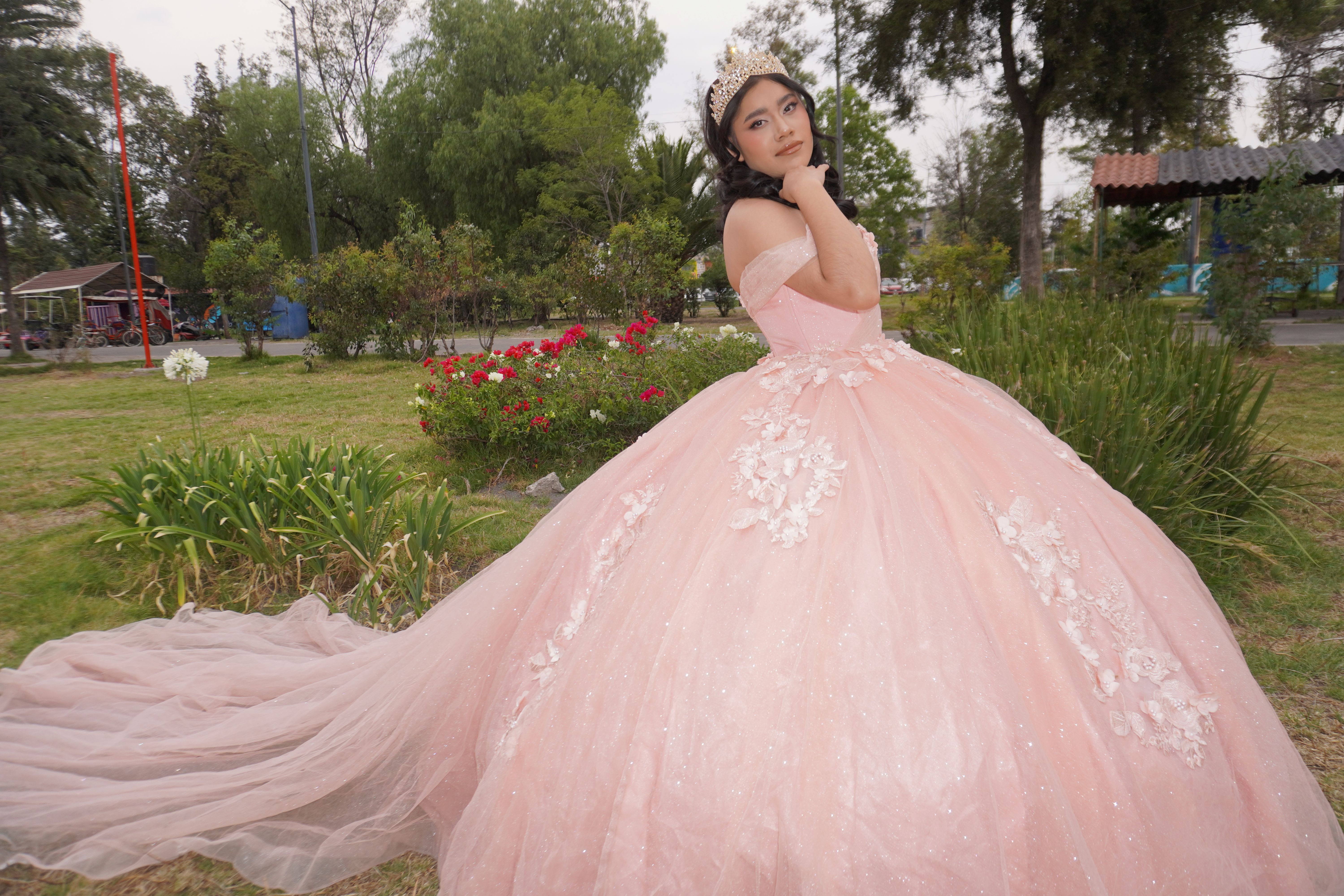 Quinceañera de rosa con vestido de gala y cola larga en un parque